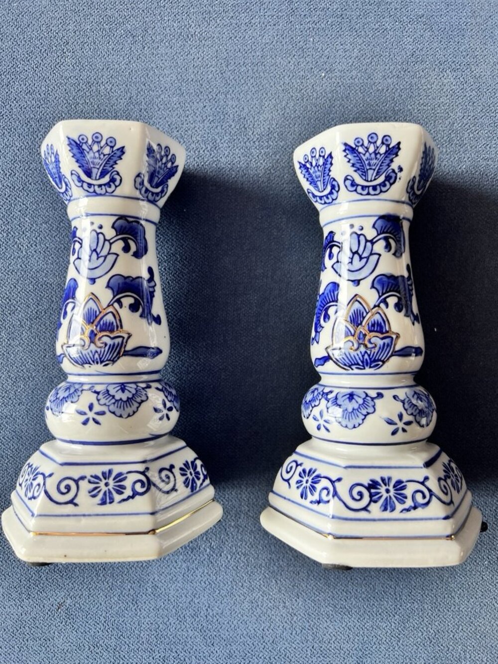 Chinoiserie Porcelain Candlesticks PAIR Blue & White Hand Painted Gold Trim 7"in